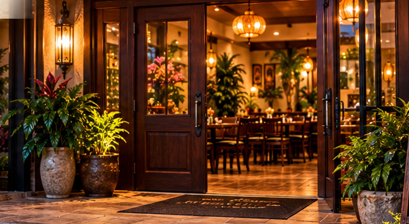 Illustrative Thai-style restaurant entrance, not the actual AJ's building